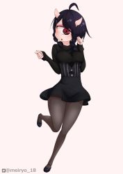 Rule 34 | absurdres, ahoge, artist name, black footwear, black hair, black pantyhose, black skirt, breasts, chestnut mouth, cyclops, full body, hand up, highres, looking at viewer, medium hair, meiryo18, monster girl, one-eyed, original, pantyhose, parted bangs, pink background, pointy ears, red eyes, shoes, short twintails, simple background, skirt, solo, standing, thick eyebrows, twintails, twitter logo, twitter username