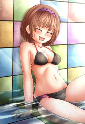 Rule 34 | 1girl, adworse, bare arms, bare legs, bare shoulders, bikini, black bikini, blush, breasts, brown hair, closed eyes, collarbone, hairband, halterneck, highres, medium breasts, navel, open mouth, partially submerged, purple hairband, short hair, sitting, smile, solo, stomach, swimsuit, tile floor, tile wall, tiles, touhou, tsukumo yatsuhashi, wet