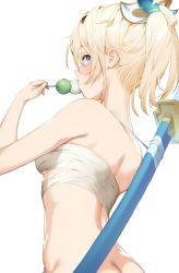 Rule 34 | 1girl, absurdres, back, bingsardina, blonde hair, blue eyes, blush, breasts, commentary, dango, duplicate, eating, food, from behind, hand up, highres, holding, holding food, hololive, holox, kazama iroha, looking at viewer, looking back, ponytail, sarashi, sheath, sheathed, short hair, simple background, small breasts, solo, sword, upper body, virtual youtuber, wagashi, weapon, weapon on back, white background
