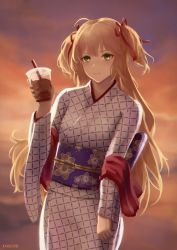 Rule 34 | 1girl, absurdres, admiral hipper (azur lane), admiral hipper (sunshine by the hot spring) (azur lane), azur lane, blonde hair, bubble tea, commentary, cup, disposable cup, drink, drinking straw, english commentary, floral print, green eyes, hair ribbon, highres, holding, holding cup, holding drink, japanese clothes, karkovb152, kimono, looking at viewer, official alternate costume, purple sash, red ribbon, ribbon, sash, solo, sunset, upper body