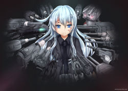 Rule 34 | abyssal ship, aiming, blood, blood on face, blue eyes, blue hair, character request, cuts, formal, frown, gloves, glowing, glowing eyes, hair ornament, hairclip, hibiki (kancolle), highres, i-class destroyer, injury, john wick, kantai collection, long hair, necktie, parody, rensouhou-chan, suit, wakaura asaho, watermark, web address, white gloves