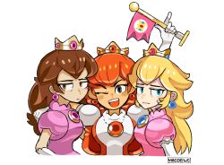 Rule 34 | 3girls, annoyed, blonde hair, blue eyes, breasts, brown eyes, brown hair, commentary, crown, dress, english commentary, flag, freckles, grey eyes, highres, holding, holding flag, long hair, looking to the side, mag (magdraws), mario (series), medium breasts, multicolored clothes, multicolored dress, multiple girls, nintendo, one eye closed, orange dress, pink dress, princess peach, red hair, retro, super mario bros. 2, super mario bros. 3, teeth, upper body, upper teeth only, white background, white dress