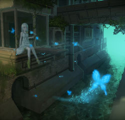 Rule 34 | 1girl, air conditioner, bad id, bad pixiv id, brick wall, bug, building, butterfly, canal, dress, glowing, glowing butterfly, bug, izumi sai, moss, original, outdoors, overgrown, industrial pipe, plant, red eyes, ruins, sash, scenery, silver hair, sitting, sleeveless, sleeveless dress, solo, transparent, vines, water, white dress