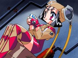 Rule 34 | 1990s (style), 1girl, argyle clothes, argyle thighhighs, black hair, character request, cup, dutch angle, feet out of frame, fingerless gloves, gloves, hat, holding, holding cup, jaja uma quartet, long sleeves, non-web source, official art, red eyes, red gloves, retro artstyle, short hair, sitting, solo, wireless