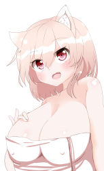 Rule 34 | 1girl, animal ears, blush, breasts, cleavage, collarbone, covered erect nipples, fang, female focus, hand on own chest, highres, inubashiri momiji, large breasts, looking at viewer, nekoro (nekokabuto), open mouth, red eyes, short hair, silver hair, simple background, solo, white background, wolf ears