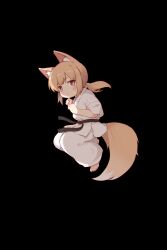 Rule 34 | 1girl, absurdres, animal ear fluff, animal ears, barefoot, belt, black background, black belt, bright pupils, brown eyes, chinese commentary, commentary request, dot nose, dougi, fox ears, fox girl, fox tail, full body, highres, kuma-bound, looking at viewer, low ponytail, martial arts belt, original, pants, simple background, solo, tail, toes, white pants, white pupils