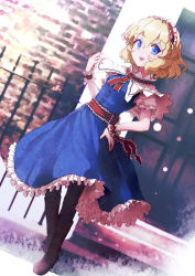 Rule 34 | 1girl, :d, alice margatroid, ascot, black pantyhose, blonde hair, blue dress, blue eyes, blurry, blurry background, boots, brown footwear, capelet, commentary, cross-laced footwear, door, dress, dutch angle, fence, frilled ascot, frilled cuffs, frilled ribbon, frills, full body, hand on own hip, headband, highres, ikamagu, looking at viewer, medium hair, open mouth, outdoors, pantyhose, pinafore dress, puffy short sleeves, puffy sleeves, red ascot, red headband, red ribbon, ribbon, shirt, short sleeves, sleeveless dress, smile, solo, standing, stone wall, touhou, wall, white capelet, white shirt
