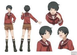 Rule 34 | 1girl, artist request, black footwear, black hair, black socks, boots, brown neckerchief, brown sailor collar, brown serafuku, brown shorts, character chart, commentary request, cross-laced footwear, full body, green eyes, kantai collection, kneehighs, lace-up boots, long sleeves, looking at viewer, mogami (kancolle), multiple views, neckerchief, official art, sailor collar, school uniform, serafuku, short hair, shorts, simple background, socks, standing, upper body, white background