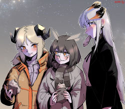 Rule 34 | arknights, artist name, blonde hair, blush, brown hair, coat, commentary request, crumbs, ear blush, ear piercing, eating, food, food bite, food in mouth, grey background, grey coat, highres, holding, holding food, horns, ifrit (arknights), long hair, mouth hold, orange coat, orange eyes, piercing, radish p, round eyewear, saria (arknights), scarf, short hair, silence (arknights), slit pupils, smile, star (symbol), starry background, steam, striped clothes, striped scarf, white hair