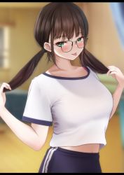 Rule 34 | 1girl, :p, black-framed eyewear, blurry, blurry background, blush, breasts, brown hair, collarbone, depth of field, glasses, gym uniform, highres, holding, holding own hair, indoors, looking at viewer, medium breasts, midriff peek, mole, mole under eye, navel, original, shirt, short sleeves, sigmart03, tongue, tongue out, twintails, white shirt