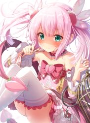Rule 34 | 1girl, bare shoulders, blush, bow, chiyoda momo, closed mouth, collarbone, commentary request, detached sleeves, frilled skirt, frills, green eyes, hair ornament, knees up, long sleeves, looking at viewer, machikado mazoku, matokechi, pink bow, pink hair, pink skirt, pink sleeves, simple background, skirt, solo, strapless, sweat, thighhighs, twintails, white background, white thighhighs