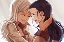 Rule 34 | 2girls, :d, black hair, blue eyes, blue shirt, breasts, cleavage, closed eyes, coat, collarbone, from side, grey coat, highres, jewelry, long hair, long sleeves, mother and daughter, multiple girls, necklace, nico olvia, nico robin, oekakiboya, one piece, open mouth, profile, shirt, short sleeves, small breasts, smile, time paradox, upper body, white hair