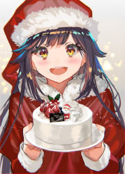 Rule 34 | 1girl, :d, black hair, blush, cake, christmas, commentary request, dress, english text, food, food on face, fruit, fur trim, grey background, hair flaps, hat, holding, long hair, long sleeves, looking at viewer, merry christmas, open mouth, orange eyes, original, plate, ran&#039;ou (tamago no kimi), red dress, red hat, santa costume, santa hat, smile, solo, strawberry, upper body