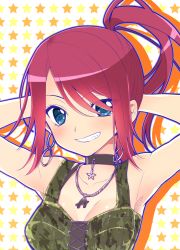 Rule 34 | 10s, 1girl, :d, armpits, arms behind head, arms up, bang dream!, bare arms, bare shoulders, black choker, blue eyes, blush, bra strap, breast pocket, breasts, camouflage, choker, cleavage, collarbone, earrings, grin, hair over one eye, highres, infinity symbol, jewelry, looking at viewer, medium breasts, necklace, open mouth, pendant, pocket, ponytail, red hair, short hair, sidelocks, smile, solo, star (symbol), starry background, swept bangs, teeth, tsurugi hikaru, udagawa tomoe, upper body