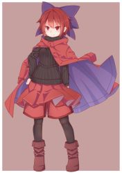 Rule 34 | 1girl, adapted costume, arms at sides, black pantyhose, black sweater, blue bow, boots, bow, brown background, brown footwear, closed mouth, commentary request, full body, hair bow, jacket, jpeg artifacts, looking at viewer, pantyhose, red eyes, red hair, red jacket, red skirt, sekibanki, short hair, simple background, skirt, solo, standing, striped clothes, striped sweater, sweater, tamahana, touhou, v-shaped eyebrows