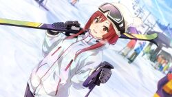 Rule 34 | 22/7, 22/7 ongaku no jikan, black gloves, blurry, blush, breath, depth of field, dutch angle, game cg, gloves, goggles, highres, holding ski pole, jacket, lens flare, long hair, long sleeves, looking at viewer, non-web source, official art, outdoors, red eyes, red hair, sato reika, sidelocks, ski goggles, ski lift, ski pole, skis, smile, snow, solo focus, sparkle, straight hair, sunlight, teeth, upper body, upper teeth only, white jacket
