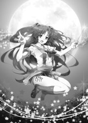 Rule 34 | 00s, 1girl, bad id, bad pixiv id, clannad, greyscale, hair bobbles, hair ornament, ichinose kotomi, jumping, legs, long hair, monochrome, moon, panties, school uniform, solo, striped clothes, striped panties, twintails, two side up, underwear, wand, yuugen