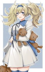 Rule 34 | 1girl, blonde hair, blue eyes, blue hairband, blush, border, breasts, cowboy shot, dress, gambier bay (kancolle), hair between eyes, hairband, highres, kantai collection, large breasts, long hair, long sleeves, official alternate costume, open mouth, solo, stuffed animal, stuffed toy, teddy bear, toriniku senshi chikinman, twintails, white border, white dress