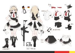 Rule 34 | 1girl, apron, black footwear, blonde hair, blue eyes, blush, boots, braid, braided bangs, braided ponytail, breasts, bridal garter, character name, closed mouth, corset, cropped jacket, dress, g36 (girls&#039; frontline), german flag, girls&#039; frontline, gloves, gradient hair, hair between eyes, hair ornament, hand on own hip, highres, imoko (imonatsuki), knee boots, long hair, looking at viewer, maid, maid apron, maid headdress, medium breasts, multicolored hair, multiple views, neck ribbon, pouch, puffy short sleeves, puffy sleeves, red ribbon, ribbon, short sleeves, sidelocks, simple background, single braid, sleeveless, sleeveless jacket, thighs, tsurime, very long hair, white gloves