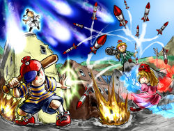 Rule 34 | 1girl, 3boys, baseball bat, baseball cap, destruction, explosion, glasses, glowing, glowing eyes, hat, itano circus, jeff andonuts, missile, mother (game), mother 2, multiple boys, mushroom, ness (mother 2), nintendo, opaque glasses, paula (mother 2), piko (osso), poo (mother 2), psychic