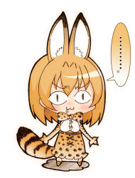 Rule 34 | 10s, 1girl, :3, animal ears, bad id, bad pixiv id, claws, drooling, elbow gloves, full body, gloves, high-waist skirt, kemono friends, mikunido202, serval (kemono friends), serval print, serval tail, simple background, skirt, solo, tail, white background
