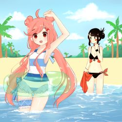 Rule 34 | 2girls, absurdres, ahoge, arm above head, armpits, beach, bikini, black bikini, black hair, blue bow, blue one-piece swimsuit, blue sky, blush, blush stickers, bow, bracelet, breasts, chiroxai, chloe (r/animemes), choker, cleavage, cloud, collarbone, day, double bun, frilled swimsuit, frills, hair bun, highres, innertube, jewelry, long hair, looking at viewer, medium breasts, multiple girls, o-ring, o-ring bikini, one-piece swimsuit, open mouth, outdoors, palm tree, pink hair, red eyes, reddit, sachi (r/animemes), sand, short hair, sideboob, sidelocks, single hair bun, sky, small breasts, striped clothes, striped one-piece swimsuit, swim ring, swimsuit, thigh gap, thigh strap, tree, twintails, very long hair, wading, water, white one-piece swimsuit