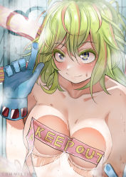 Rule 34 | 1girl, blush, boku no hero academia, breasts, caution tape, collarbone, colored eyelashes, commission, contrail, covered erect nipples, gloves, grabbing own breast, green hair, hagakure tooru, hair between eyes, highres, keep out, medium breasts, medium hair, nude, smile, solo, unusually visible, wet, zd (pixiv6210083)