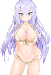 Rule 34 | 1girl, ass, bare shoulders, bikini, blush, breasts, cleavage, collarbone, cowboy shot, gluteal fold, highres, jeanne (nyanko daisensou), large breasts, long hair, looking at viewer, navel, nyanko daisensou, purple eyes, purple hair, simple background, smile, swimsuit, twin-7646, white background