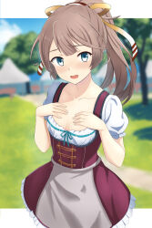 Rule 34 | 1girl, alternate costume, apron, blue sky, blurry, blurry background, breasts, brown dress, brown hair, cloud, day, dirndl, dress, german clothes, green eyes, hair ribbon, hands on own chest, highres, kantai collection, kazagumo (kancolle), kotou yogen, long hair, outdoors, pinafore dress, ponytail, puffy short sleeves, puffy sleeves, ribbon, shirt, short sleeves, sky, sleeveless, sleeveless dress, small breasts, solo, tree, waist apron, white shirt