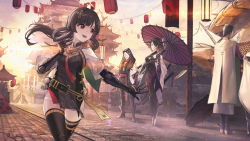 Rule 34 | 2boys, 2girls, absurdres, ahoge, architecture, belt, black dress, black hair, black legwear, china dress, chinese clothes, doll joints, dress, east asian architecture, hair ornament, highres, jewelry, joints, lantern, long hair, mechanical arms, multiple boys, multiple girls, necklace, official art, oil-paper umbrella, paper lantern, pulao: dragontoll (punishing: gray raven), pulao (punishing: gray raven), punishing: gray raven, road, short sleeves, side ponytail, street, thighhighs, umbrella, wu lun wujin