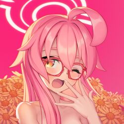 Rule 34 | 1girl, ;o, bare shoulders, bespectacled, blue archive, blush, fang, flower, glasses, halo, hand up, highres, hoshino (blue archive), long hair, looking at viewer, one eye closed, open mouth, pink hair, pink halo, portrait, rotix, simple background, sleepy, smile, solo, yawning, yellow eyes