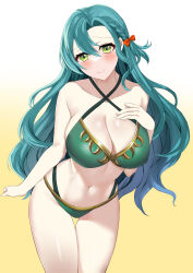 Rule 34 | 1girl, absurdres, aqua hair, bare arms, bare shoulders, bikini, blue hair, blush, bow, breasts, chloe (fire emblem), cleavage, cowboy shot, criss-cross halter, fire emblem, fire emblem engage, gradient background, green bikini, green eyes, hair between eyes, hair bow, halterneck, hand on own chest, head tilt, highres, large breasts, long hair, looking at viewer, navel, nintendo, official alternate costume, orange bow, simple background, smile, solo, standing, stomach, swimsuit, tara (szzj7733), thighs, very long hair, white background, yellow background