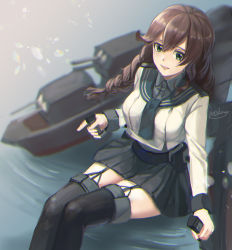 Rule 34 | 1girl, black skirt, black thighhighs, blue sailor collar, braid, breasts, garter straps, green eyes, kantai collection, large breasts, long hair, long sleeves, medara, noshiro (kancolle), open mouth, rigging, ripples, sailor collar, signature, sitting, skirt, solo, thighhighs, twin braids, water