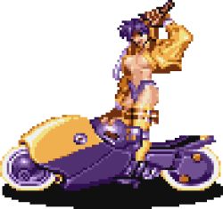 Rule 34 | 1girl, areola slip, ass, battle circuit, biker gal, blue hair, capcom, character request, full body, jacket, katana, lowres, motor vehicle, motorcycle, navel, no bra, open clothes, open fly, open jacket, pixel art, short hair, short shorts, shorts, solo, sword, thighs, transparent background, unzipped, weapon, yellow jacket