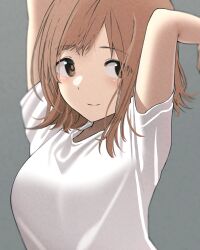 Rule 34 | 1girl, absurdres, arms up, blurry, blush, breasts, brown eyes, brown hair, closed mouth, grey background, highres, idolmaster, idolmaster shiny colors, long hair, looking at viewer, medium breasts, noeru, sakuragi mano, shirt, short sleeves, simple background, smile, solo, upper body, white shirt