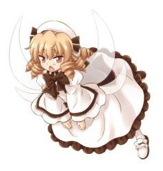 Rule 34 | 1girl, blonde hair, chestnut mouth, dress, drill hair, fairy wings, full body, hat, hirasaka makoto, long hair, long sleeves, looking at viewer, lowres, luna child, official art, red eyes, shoes, simple background, solo, touhou, touhou sangetsusei, white background, white dress, wide sleeves, wings