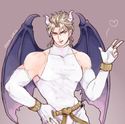 Rule 34 | 1boy, :q, blonde hair, commentary request, dio brando, ear birthmark, earrings, elbow gloves, fingerless gloves, gloves, grm jogio, heart, horns, jewelry, jojo no kimyou na bouken, leotard, lowres, male focus, muscular, muscular male, pants, solo, stardust crusaders, tongue, tongue out, white leotard, white pants, wings, yellow eyes