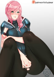 Rule 34 | 10s, 1girl, armor, artist name, blush, crotch cutout, female masturbation, final fantasy, final fantasy xiii, fingering, green eyes, lightning farron, masturbation, pantyhose, parted lips, patreon, pink hair, pussy, pussy juice, simple background, sitting, solo, tofuubear, torn clothes, torn pantyhose, uncensored