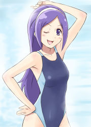 Rule 34 | 00s, 1girl, aono miki, arm up, armpits, blue hair, competition swimsuit, fresh precure!, long hair, one-piece swimsuit, one eye closed, precure, purple hair, satogo, solo, swimsuit, wink