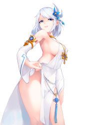 Rule 34 | 1girl, absurdres, armlet, backless dress, backless outfit, bad id, bad pixiv id, bare shoulders, blue eyes, blue flower, breasts, chain, character request, clothes lift, commission, copyright request, cowboy shot, cross, cross necklace, detached sleeves, dress, dress lift, flower, gem, grin, hair flower, hair ornament, halter dress, halterneck, highres, jewelry, large breasts, long dress, long sleeves, looking at viewer, medium hair, necklace, no bra, no panties, parted lips, pelvic curtain, pinky out, revealing clothes, sbbs, sideboob, simple background, smile, solo, swept bangs, white background, white dress, white hair, white sleeves