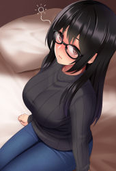 Rule 34 | 1girl, bed, black-framed eyewear, black hair, black sweater, blue pants, breasts, brown eyes, denim, drunk, from above, glasses, huyumitsu, jeans, large breasts, long hair, long sleeves, on bed, original, pants, pillow, sitting, solo, squeans, sweater