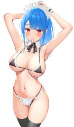 Rule 34 | 1girl, absurdres, armpits, arms up, bikini, black bikini, black ribbon, black thighhighs, blue hair, breasts, custom maid 3d 2, detached collar, frilled bikini, frills, hair tie in mouth, highres, kametaro0723, large breasts, maid, maid bikini, maid headdress, mouth hold, neck ribbon, original, ponytail, red eyes, ribbon, simple background, skindentation, solo, swimsuit, thighhighs, tying hair, unconventional maid, white background, wrist cuffs