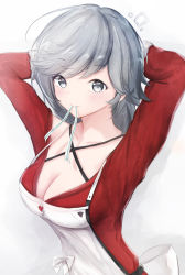 Rule 34 | 1girl, apron, artist request, azur lane, bad id, bad pixiv id, bow, breasts, christmas stocking, cleavage, grey eyes, grey hair, highres, large breasts, looking at viewer, mouth hold, seattle (azur lane), seattle (christmas party prep) (azur lane), seattle (christmas party prep) (azur lane), simple background, solo, tying hair, upper body, white apron, white background, white bow