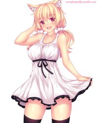 Rule 34 | 1girl, :d, animal ear fluff, animal ears, bare arms, black thighhighs, blonde hair, breasts, cat ears, collarbone, commentary, cowboy shot, dress, english commentary, frilled skirt, frills, hair between eyes, hair bobbles, hair ornament, hand in own hair, head tilt, highres, looking at viewer, low twintails, medium breasts, nottytiffy, open mouth, original, red eyes, simple background, skirt, skirt hold, sleeveless, sleeveless dress, slit pupils, smile, solo, sundress, teeth, thighhighs, tiffy (nottytiffy), tumblr username, twintails, upper teeth only, watermark, web address, white background, white dress, zettai ryouiki