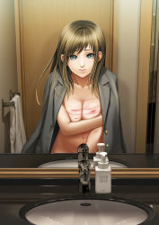 Rule 34 | 1girl, aqua eyes, breast hold, breasts, coat, collarbone, covering privates, covering breasts, cuts, faucet, female pov, groin, indoors, injury, jacket, keisekisan, lips, looking at viewer, mirror, mirror image, naked coat, naked jacket, navel, nude, original, pov, reflection, sink, soap, solo, standing, towel, whip marks