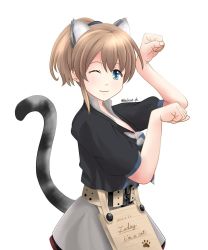 Rule 34 | 1girl, :3, animal ears, apron, black shirt, blue eyes, brown hair, cat day, cat ears, cat tail, english text, grey skirt, highres, intrepid (kancolle), kantai collection, kuroneko86, looking at viewer, multicolored neckwear, one-hour drawing challenge, one eye closed, paw pose, paw print, ponytail, shirt, short hair, simple background, skirt, solo, tail, white background