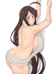 Rule 34 | 1girl, aa megami-sama, aged up, ahoge, alternate breast size, ass, back, backless dress, backless outfit, bad id, bad pixiv id, bare back, bare shoulders, black hair, blush, breast press, breasts, brown eyes, butt crack, curvy, dress, facial mark, facing viewer, forehead mark, from behind, from side, hand on wall, highres, huge breasts, long hair, looking at viewer, looking to the side, meme attire, no bra, no panties, sideboob, simple background, skuld (aa megami-sama), smile, solo, standing, stormcow, sweater, sweater dress, thighs, very long hair, virgin killer sweater, white background