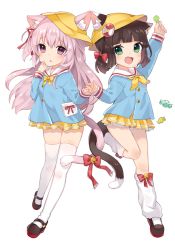 Rule 34 | 2girls, :d, animal ear fluff, animal ears, arm up, azur lane, bell, blue shirt, blush, bow, bowtie, brown footwear, brown hair, candy, candy wrapper, cat ears, cat girl, cat tail, commentary, ears through headwear, fang, fingernails, food, green eyes, hair between eyes, hair ribbon, hand up, hat, highres, holding, holding candy, holding food, holding lollipop, intertwined tails, jingle bell, kindergarten uniform, kisaragi (azur lane), lollipop, long hair, long sleeves, loose socks, low twintails, mary janes, multiple girls, mutsuki (azur lane), neckerchief, one side up, open mouth, orqz, parted lips, pink hair, pleated skirt, purple eyes, red bow, red ribbon, ribbon, school hat, shirt, shoes, simple background, skirt, sleeves past wrists, smile, socks, standing, standing on one leg, tail, tail bell, tail bow, tail ornament, thighhighs, twintails, very long hair, white background, white legwear, yellow hat, yellow neckwear, yellow skirt