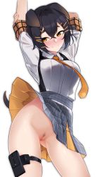 Rule 34 | 1girl, absurdres, animal ears, arknights, arms up, black hair, blush, breasts, brown eyes, cleft of venus, commentary, cowboy shot, female pubic hair, grey skirt, head tilt, highres, jackie (arknights), looking at viewer, medium breasts, miniskirt, necktie, no panties, pouch, pubic hair, pussy, shirt, short hair, short sleeves, simple background, skirt, smile, solo, standing, thigh strap, thighs, uncensored, white background, white shirt, yellow necktie, z.taiga