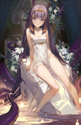 Rule 34 | 1girl, akizero1510, bare arms, bare legs, bare shoulders, blue eyes, blunt bangs, blush, dress, flower, highres, hololive, hololive english, long hair, looking at viewer, mole, mole under eye, ninomae ina&#039;nis, parted lips, purple hair, sitting, solo, strapless, strapless dress, tentacles, very long hair, virtual youtuber, water, white dress, white flower